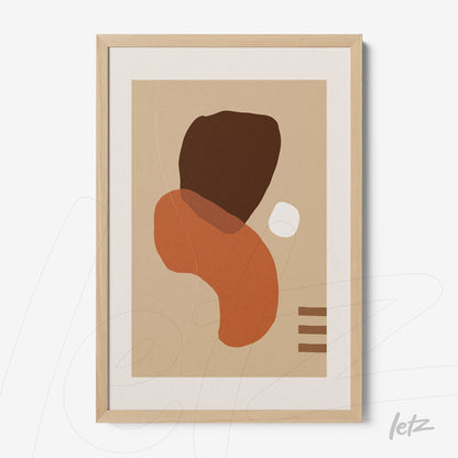 abstract art with organic shapes in earthy tones framed in light wood