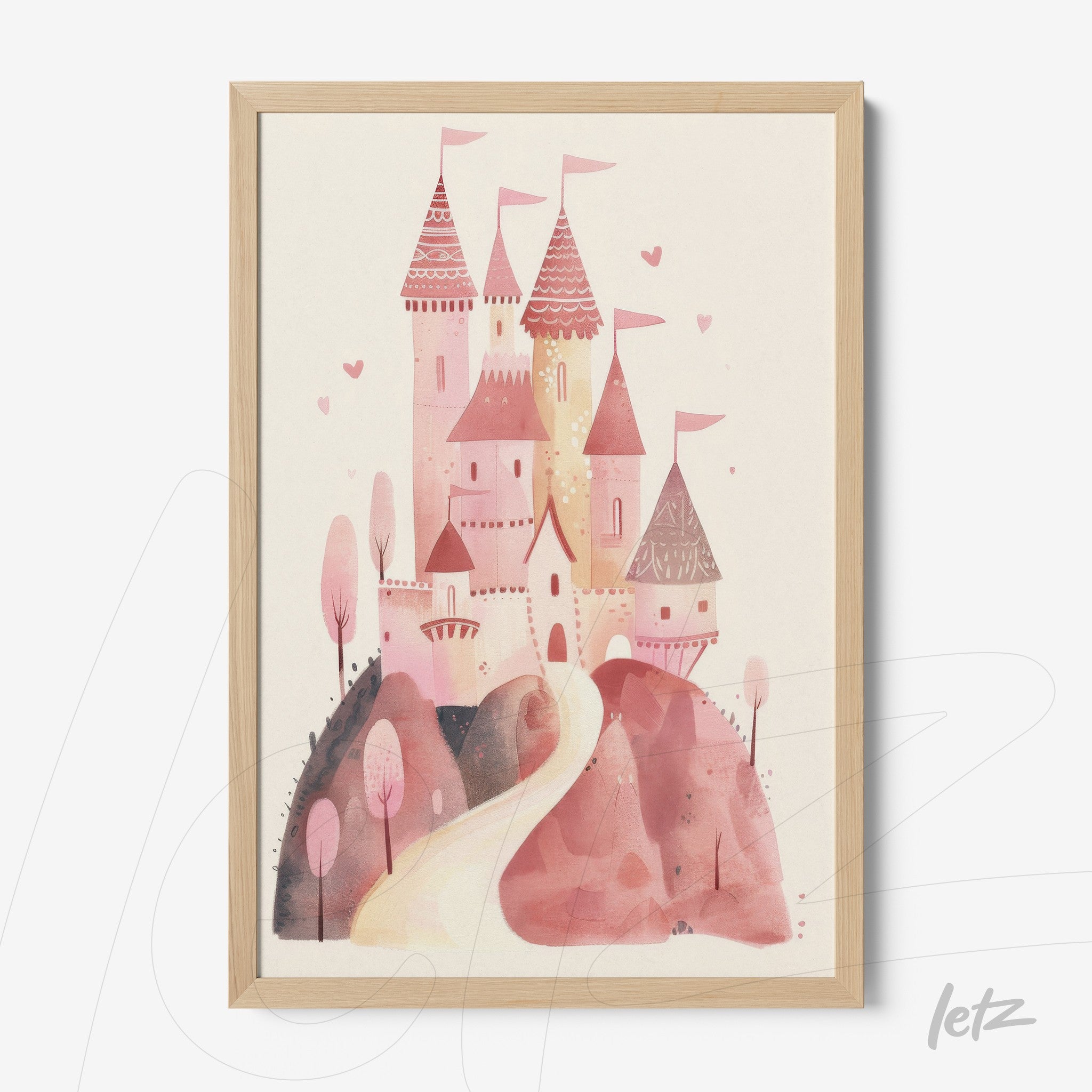 framed wall art featuring a pink castle illustration with a light wood frame