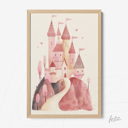 framed wall art featuring a pink castle illustration with a light wood frame