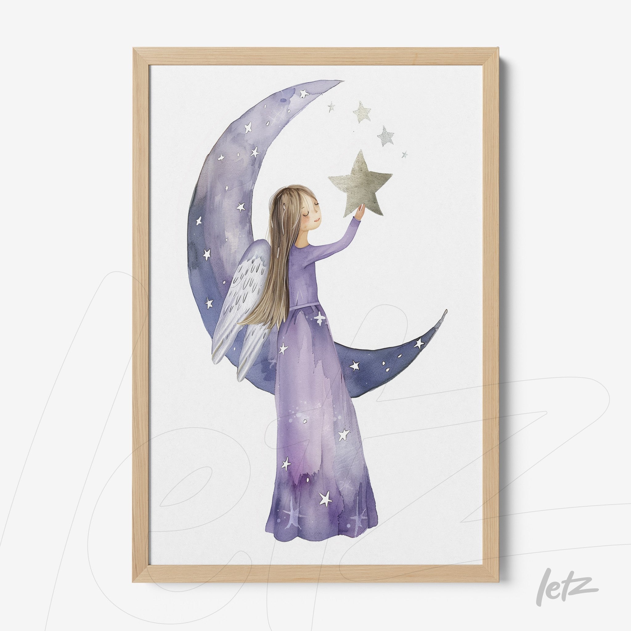 framed artwork of a little girl angel in purple dress holding a star with a crescent moon and stars background in light wood frame