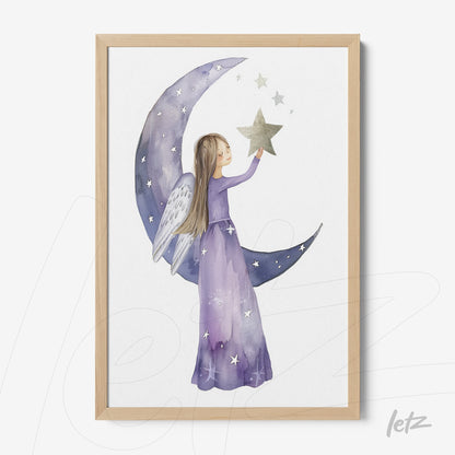 framed artwork of a little girl angel in purple dress holding a star with a crescent moon and stars background in light wood frame