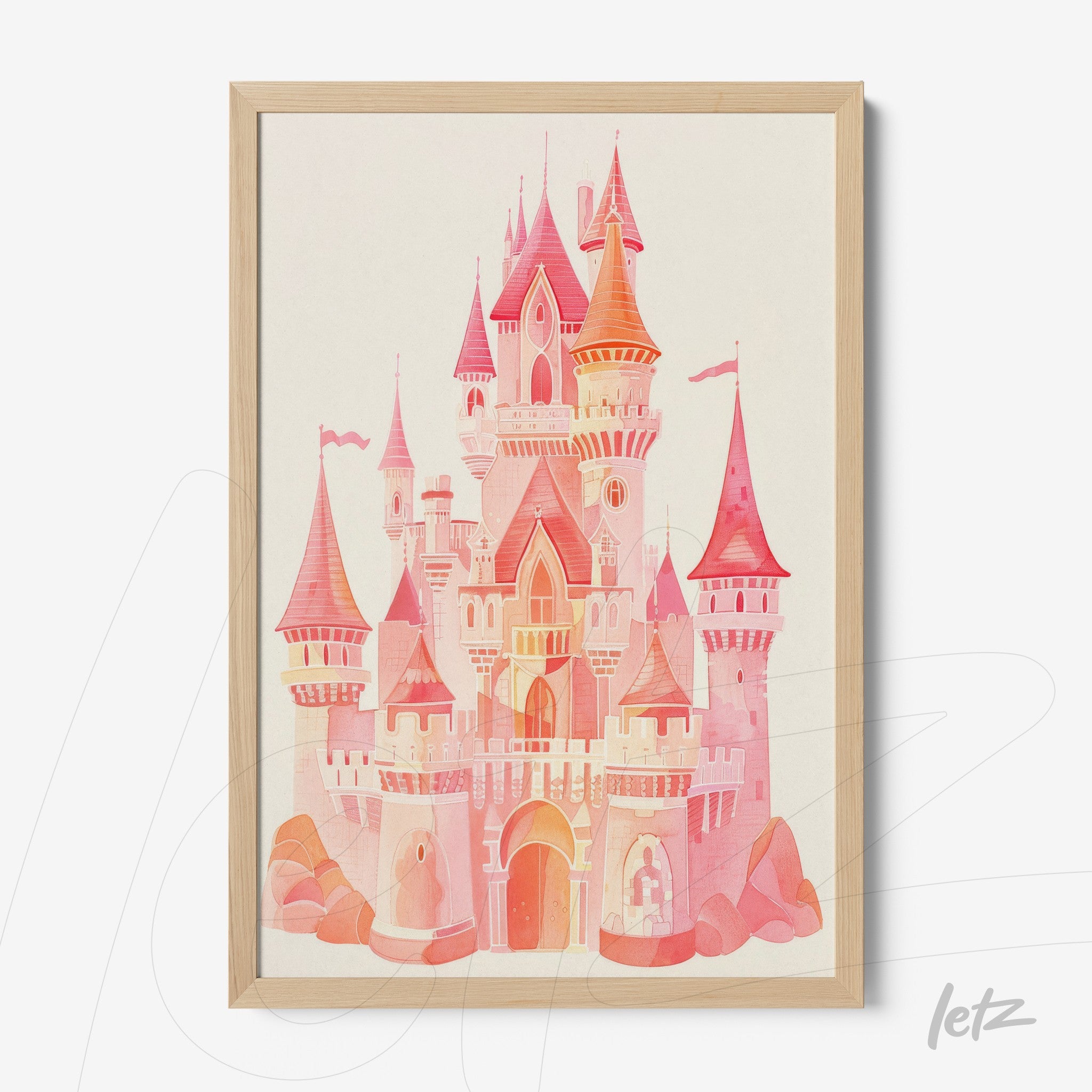 framed artwork featuring a pink castle illustration with light wood frame