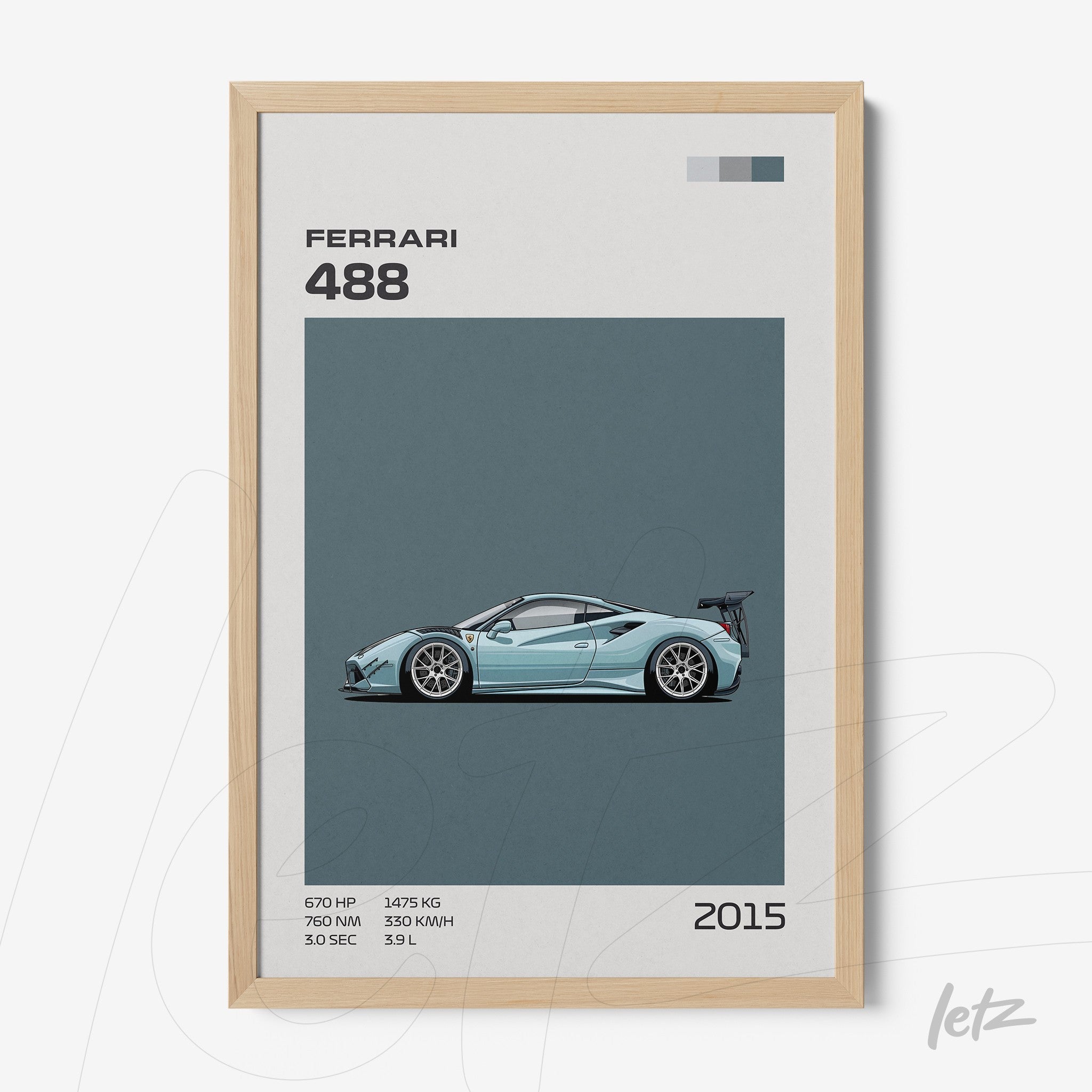 framed art featuring the sports car ferrari 488 in light wood frame