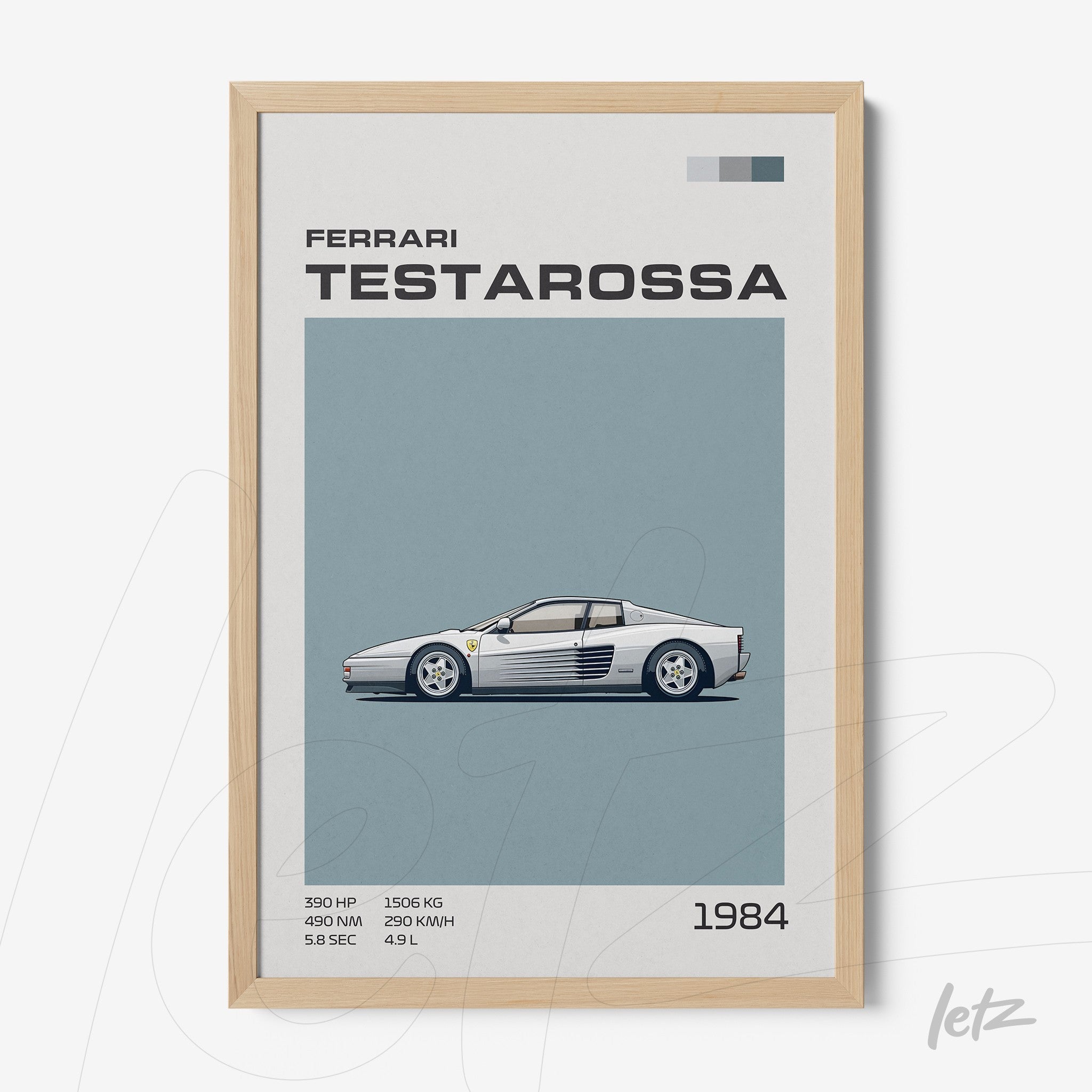 framed artwork featuring an illustration of a Ferrari Testarossa on a light blue background with a light wood frame
