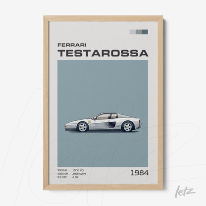 framed artwork featuring an illustration of a Ferrari Testarossa on a light blue background with a light wood frame