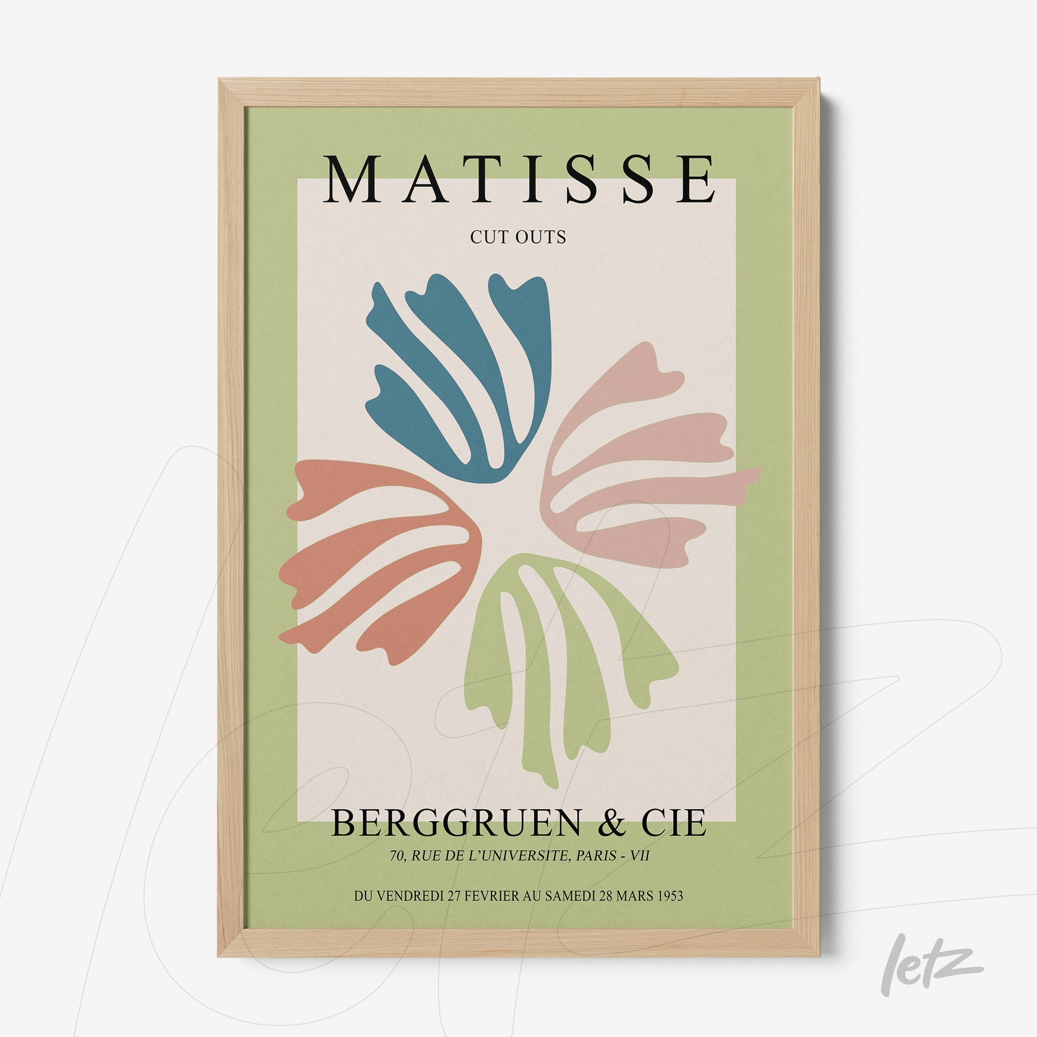 decorative wall art inspired by Matisse in light wood frame featuring organic shapes in blue, pink, and green on cream background