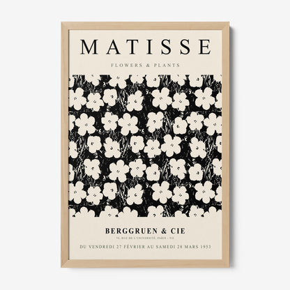 framed artwork featuring floral patterns in black and white with a light wood frame and stylized flower designs