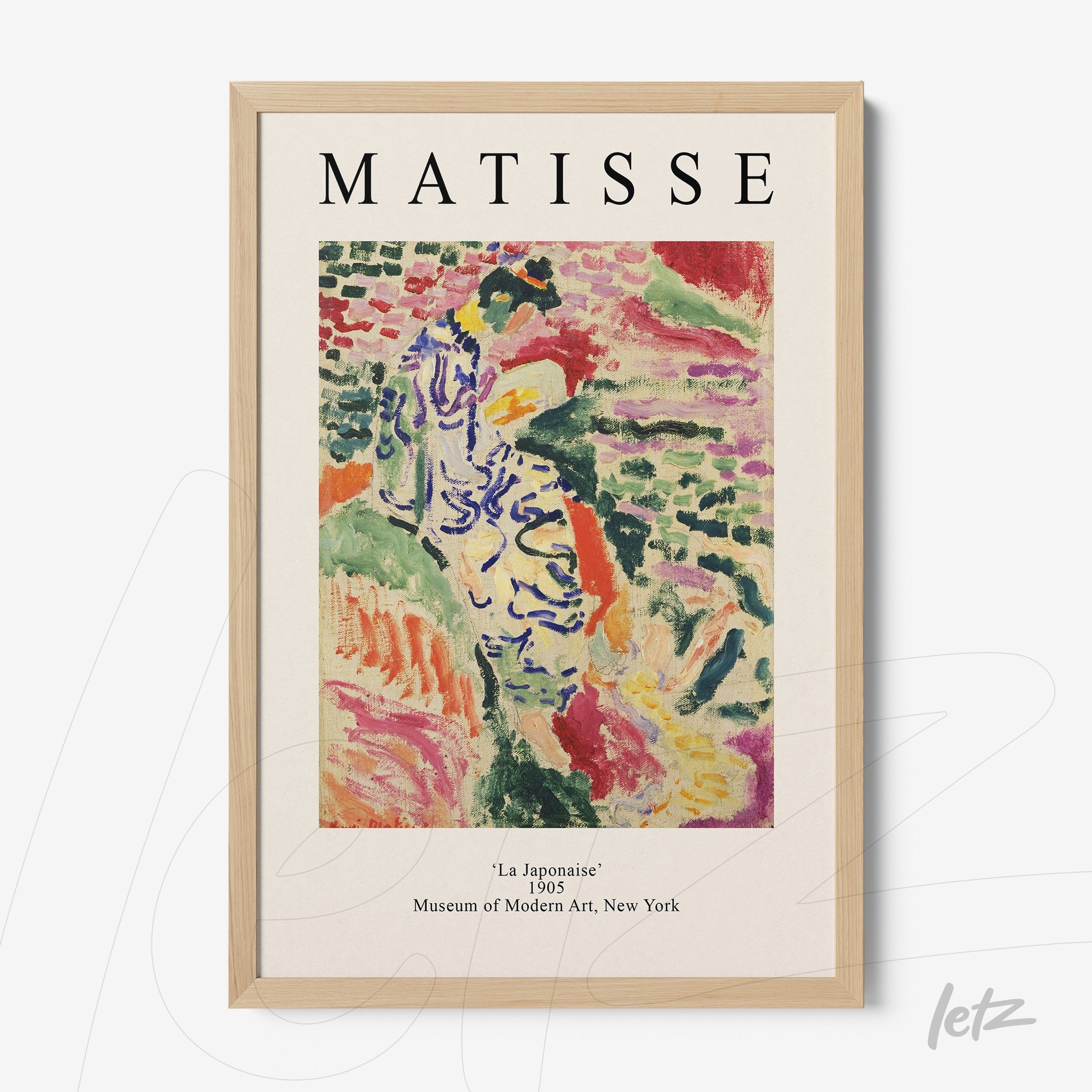 framed modern art by Matisse titled 'La Japonais' with light wood frame