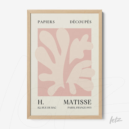 framed artwork inspired by matisse featuring abstract shapes in light tones on a pink background