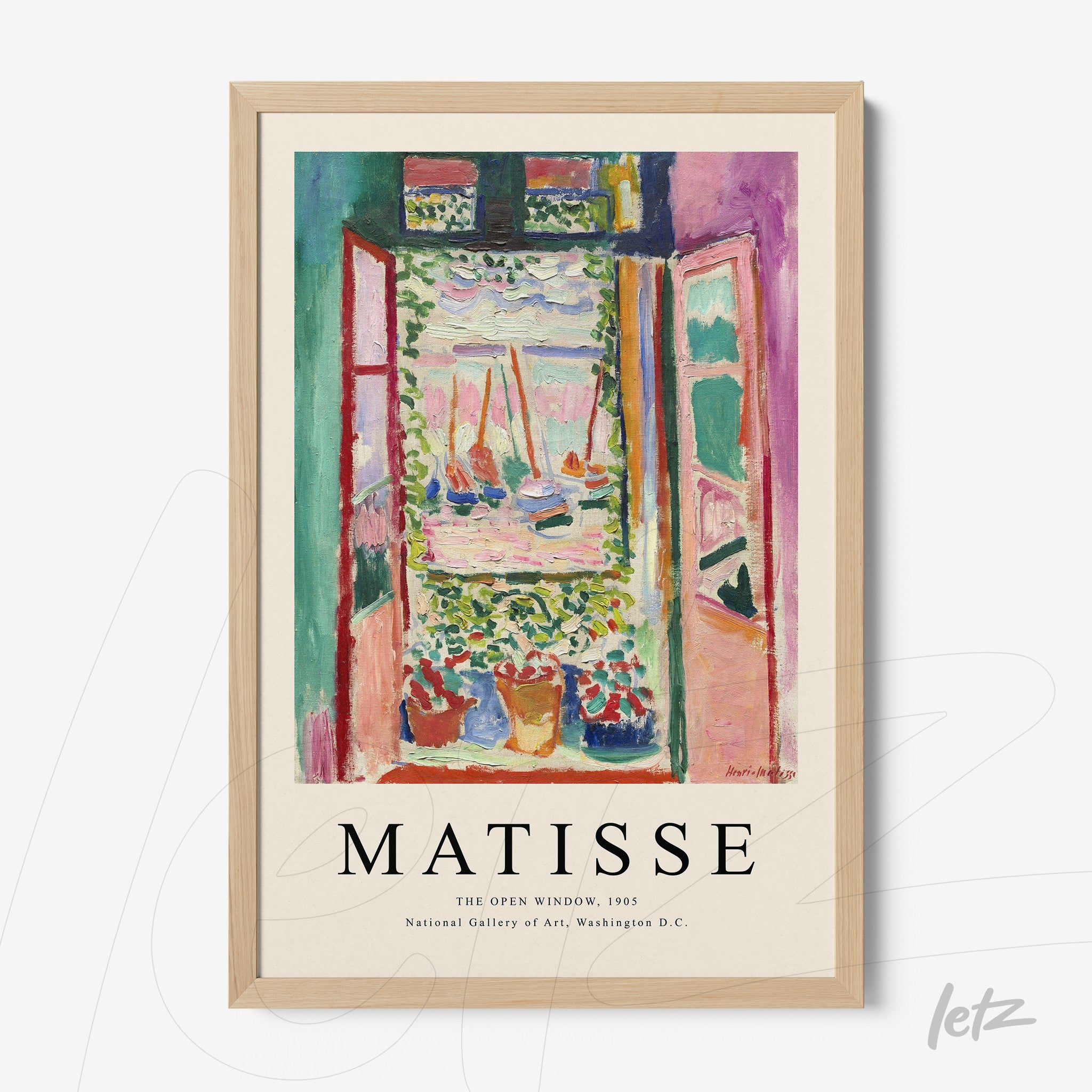 decorative framed art featuring matisse's open window depicting a view of a garden, light wood frame