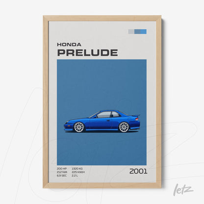 framed digital artwork of a blue 2001 Honda Prelude with light frame