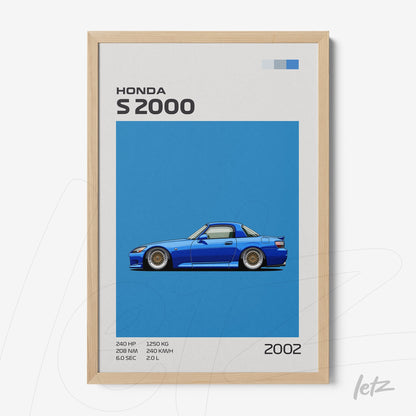 framed digital art of Honda S2000 car in vibrant blue background with light frame