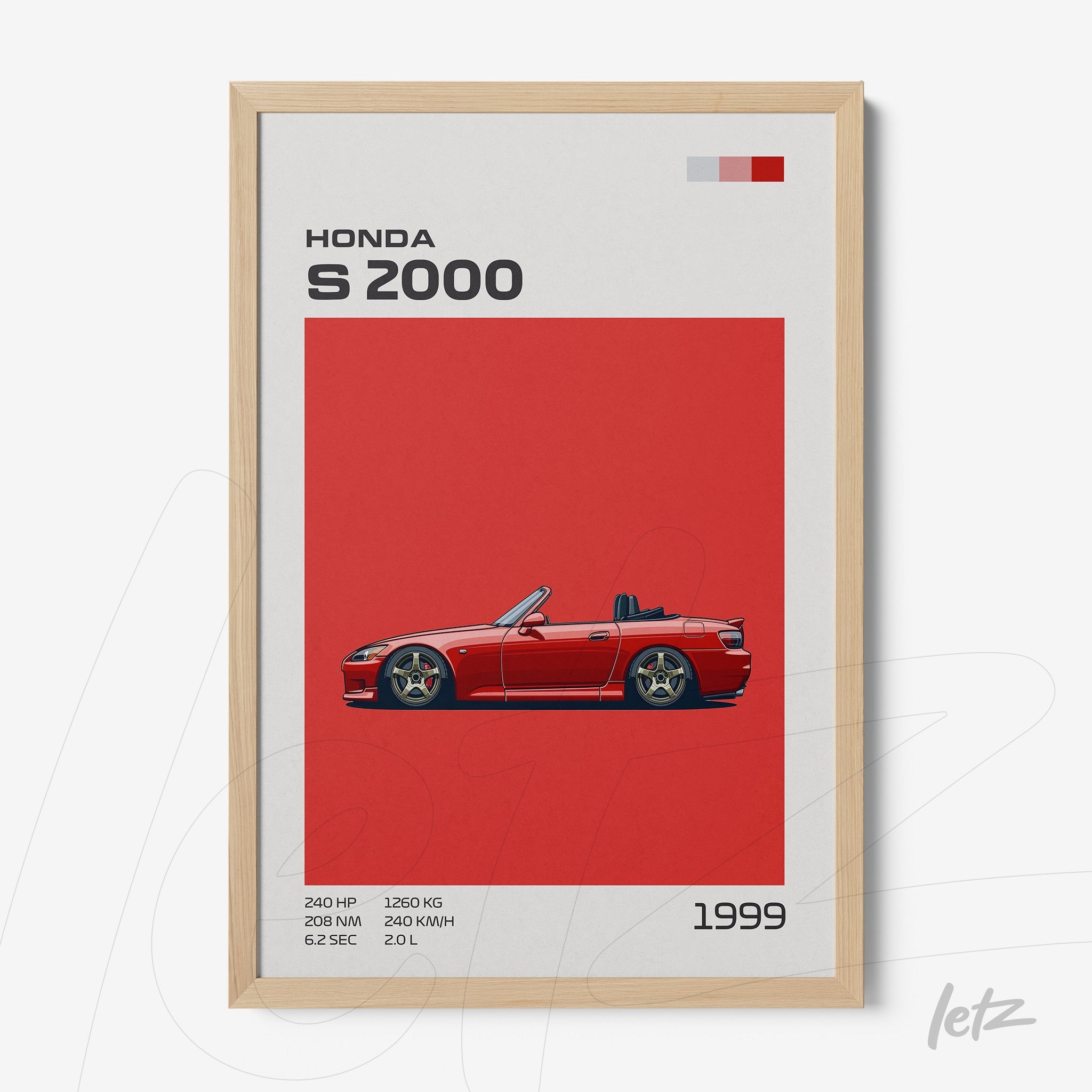 framed artwork featuring a red Honda S2000 sports car illustration with light wood frame