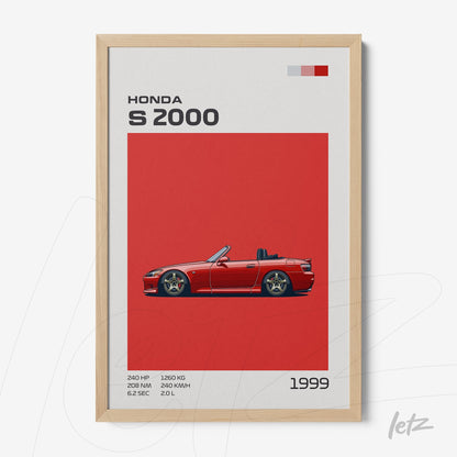 framed artwork featuring a red Honda S2000 sports car illustration with light wood frame