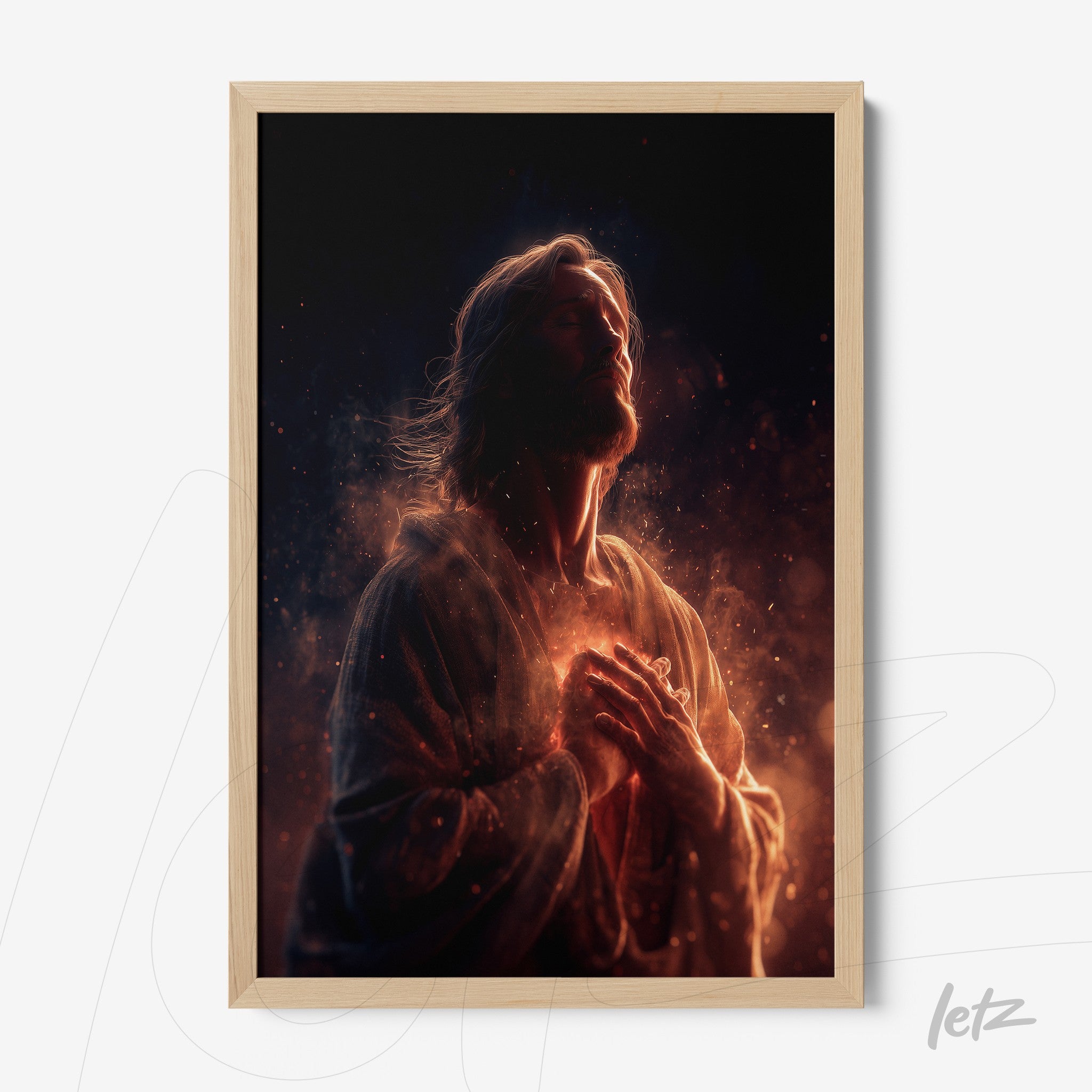 framed digital art of a divine figure illuminated with a nebulous dark background in a light wood frame