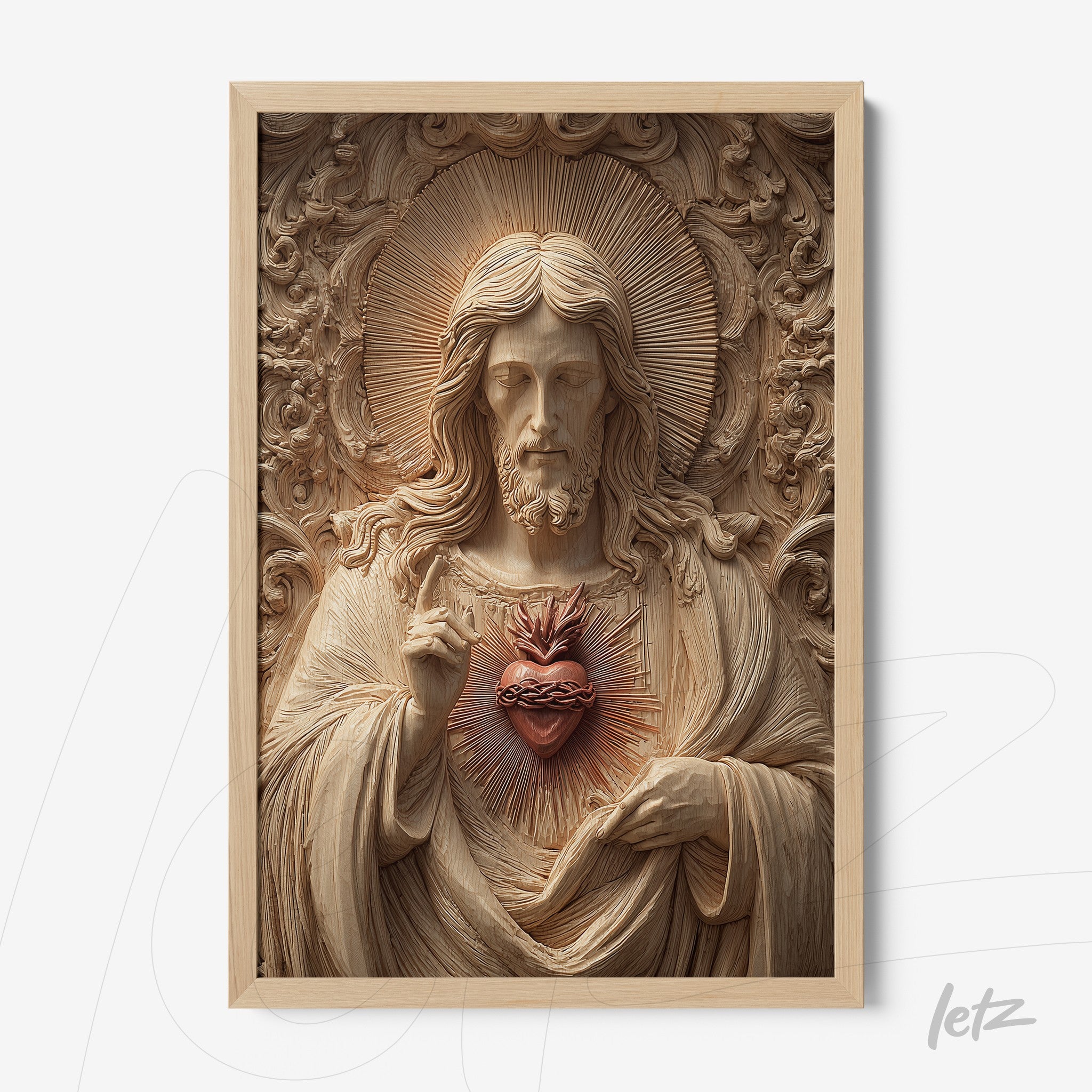 framed wall art of a wooden sculpture of Jesus Christ featuring a highlighted sacred heart with a light wood frame