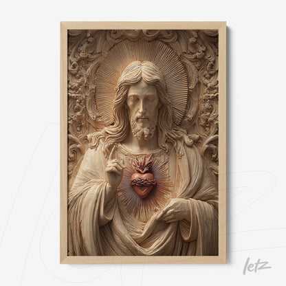 framed wall art of a wooden sculpture of Jesus Christ featuring a highlighted sacred heart with a light wood frame
