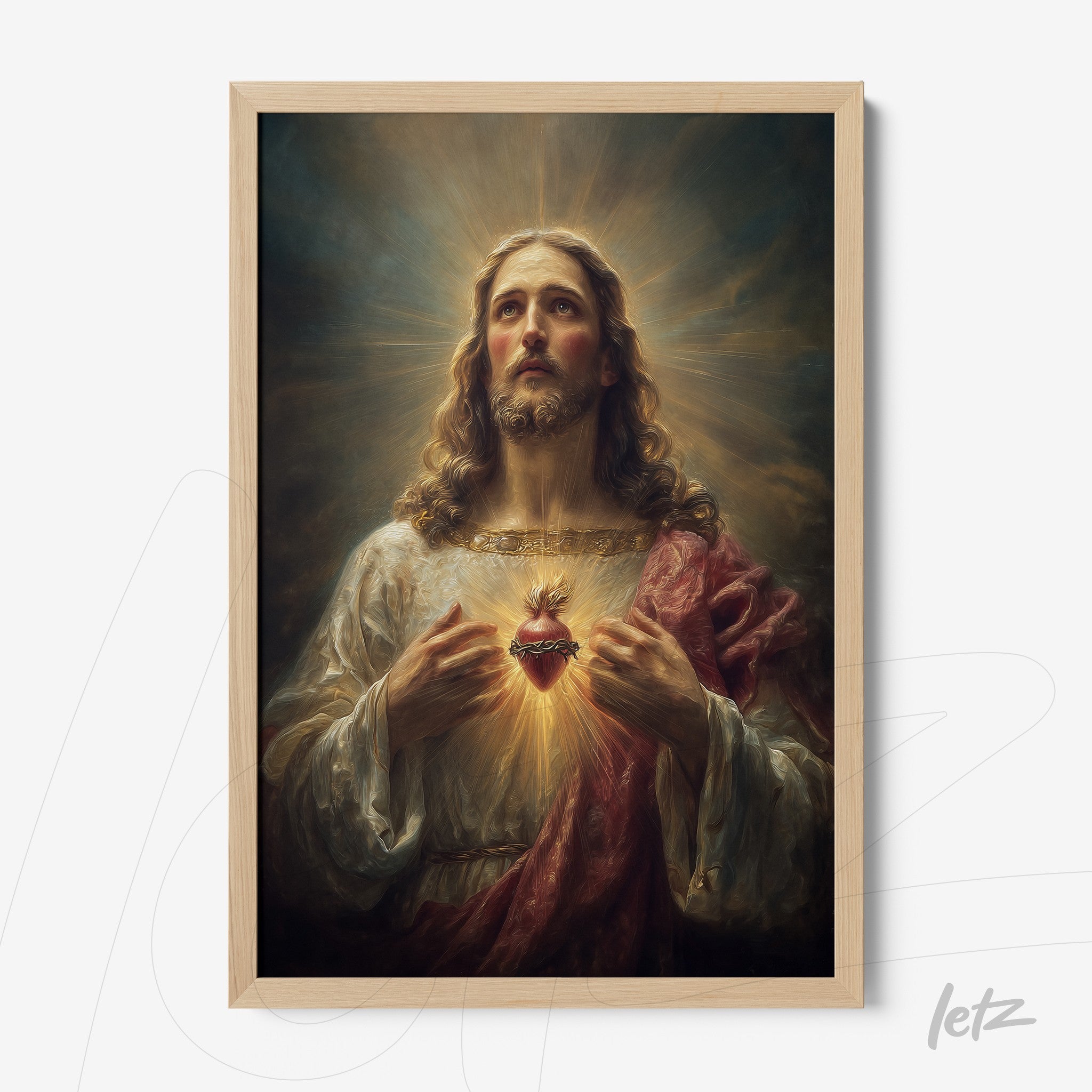 framed wall art depicting jesus christ with radiant light and exposed heart in light wooden frame