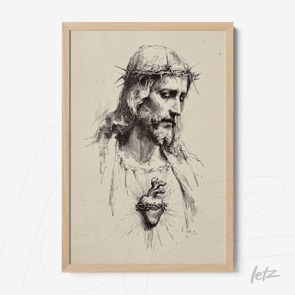 framed artwork featuring a retro style illustration of Jesus Christ with a crown of thorns and exposed heart in light wood frame