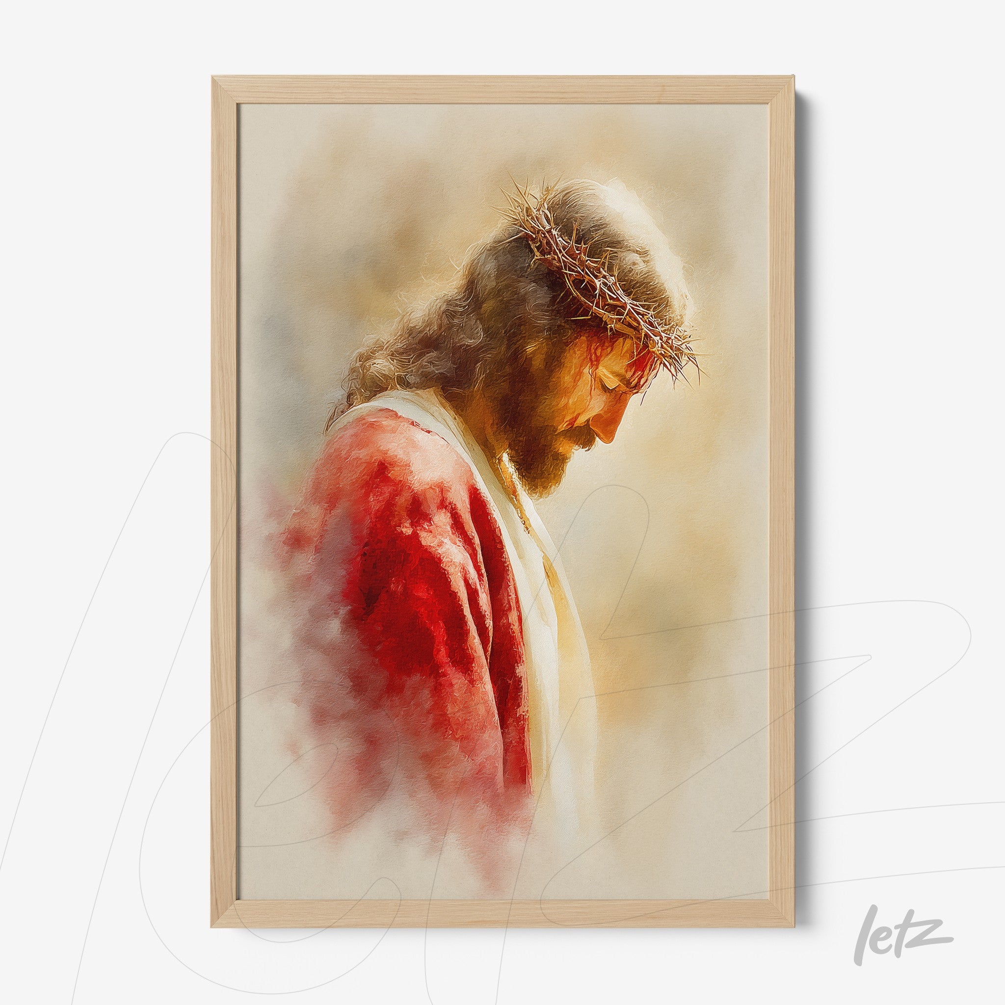 framed artwork of Jesus wearing a crown of thorns with light wooden frame