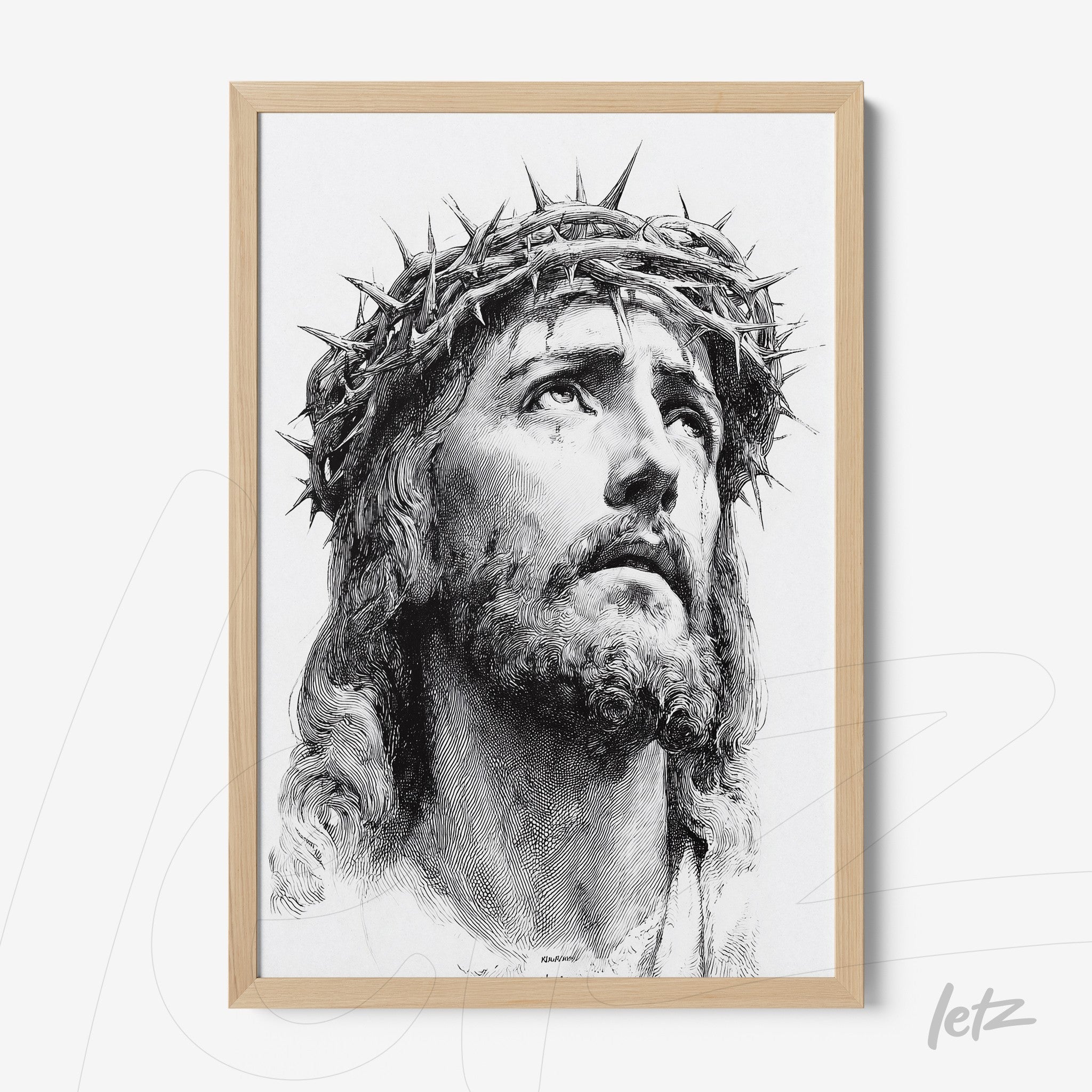 framed classic style portrait of jesus christ with crown of thorns and light wood frame