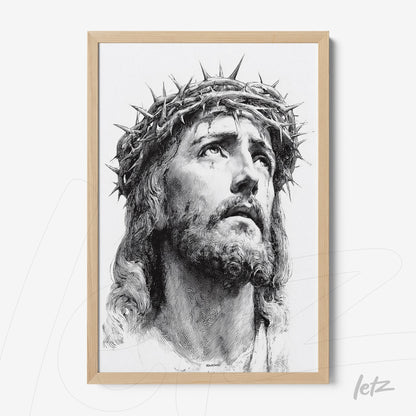 framed classic style portrait of jesus christ with crown of thorns and light wood frame