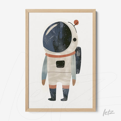 framed illustration of a cute astronaut in a playful style with light wood frame