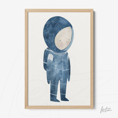 framed artwork featuring a blue-toned astronaut illustration with a light wood frame