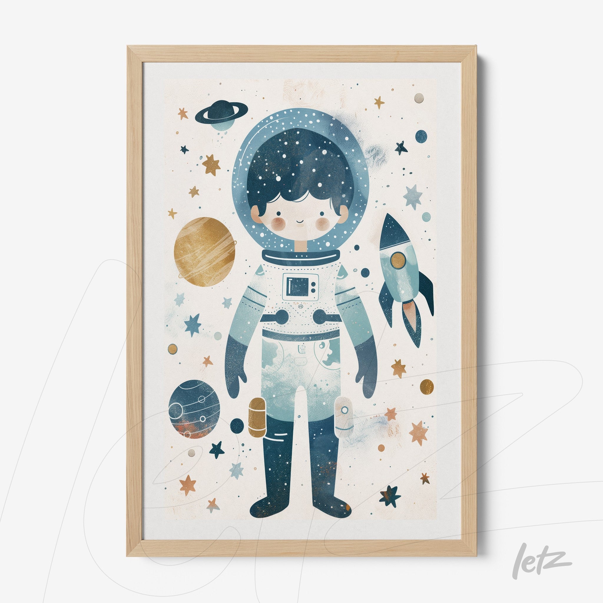 framed wall art featuring a children's illustration of an astronaut against a space background with planets and a rocket, light wooden frame