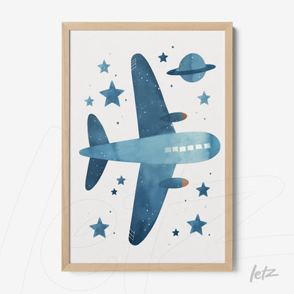 framed artwork featuring a blue airplane illustration against a light background with stars and a planet