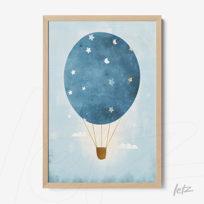 framed wall art featuring a blue hot air balloon with stars against a light background, with a light wood frame