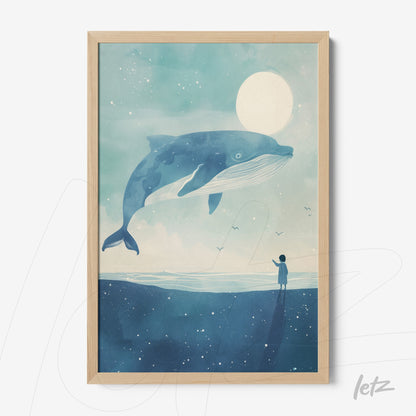 framed artwork depicting a blue whale against a serene background with a full moon, showcasing a solitary figure on the shore