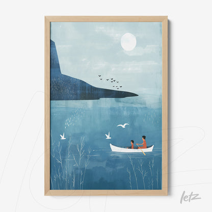 framed artwork featuring two people in a boat on blue water under a light sky with mountains in the background