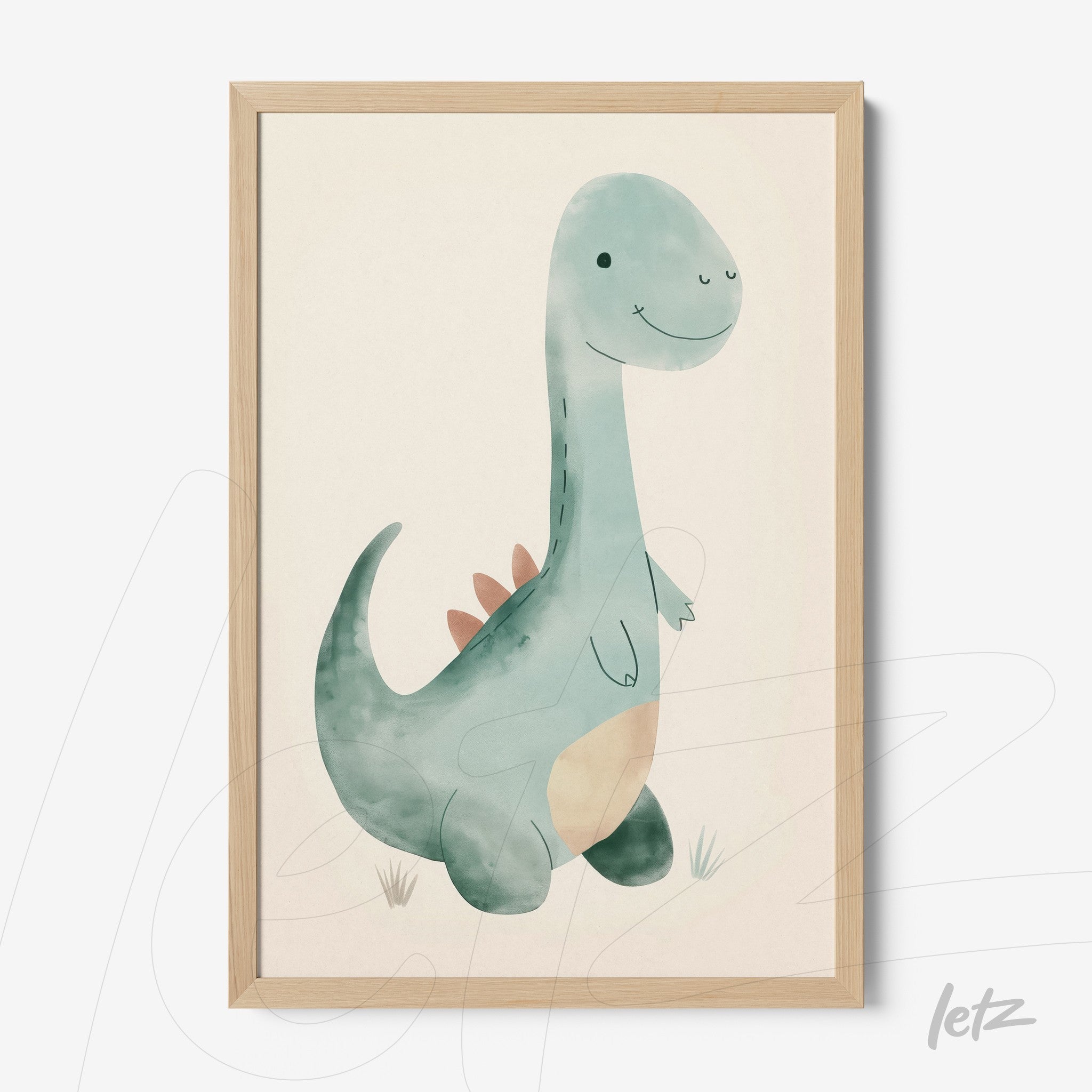 framed illustration of a cute dinosaur with soft lines in light wood frame