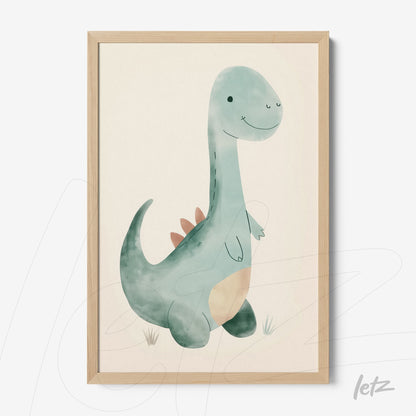 framed illustration of a cute dinosaur with soft lines in light wood frame