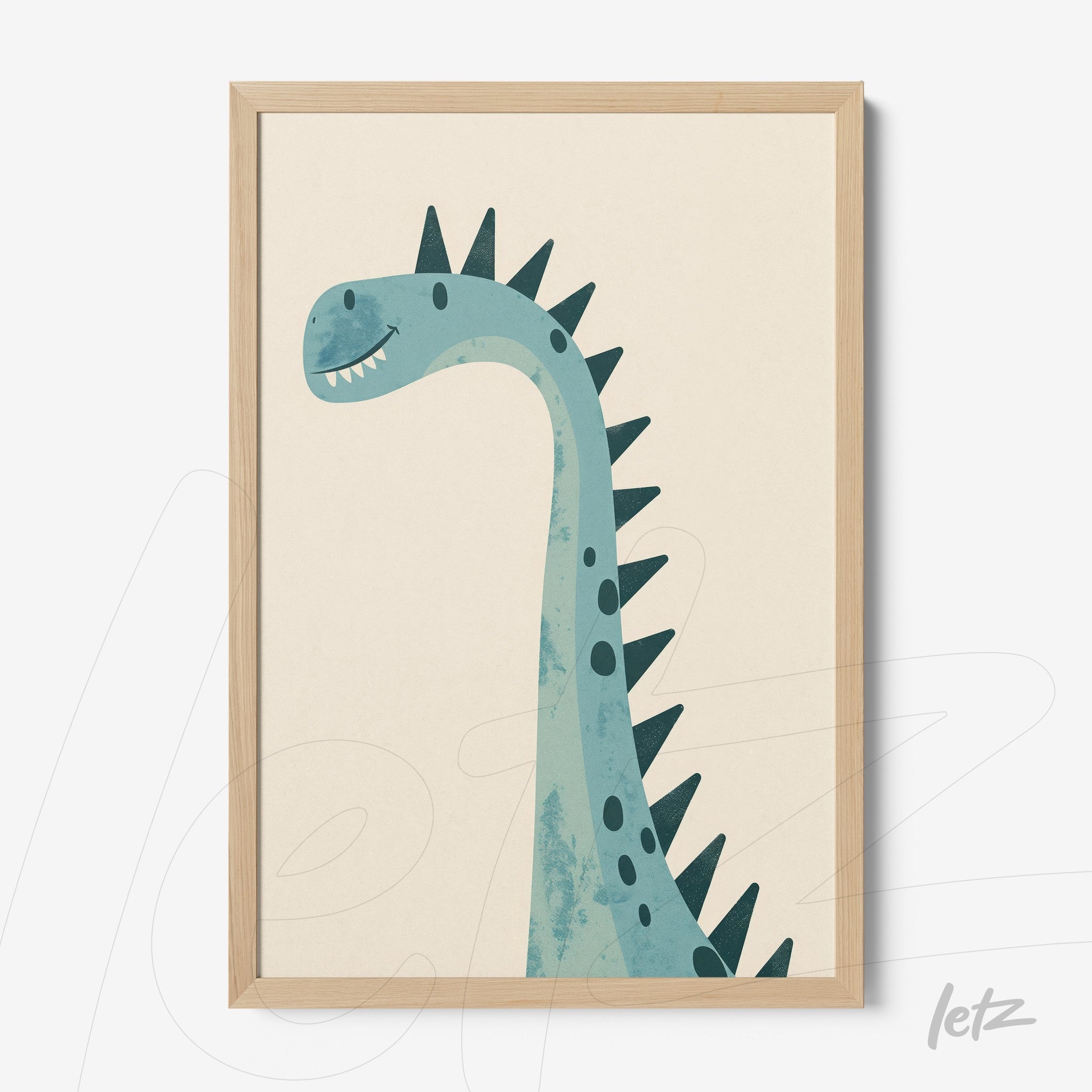 framed artwork of a cartoon dinosaur on a light background with a light wood frame
