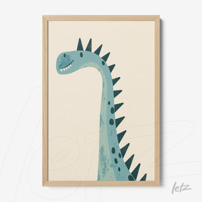 framed artwork of a cartoon dinosaur on a light background with a light wood frame