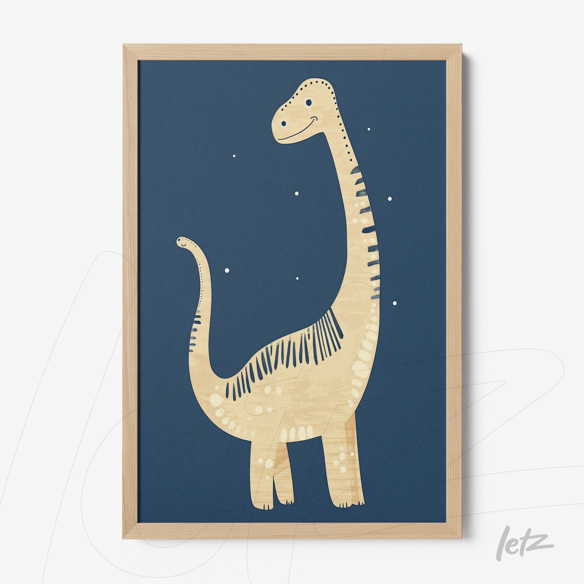 framed artwork featuring a dinosaur illustration on navy blue background with light wood frame