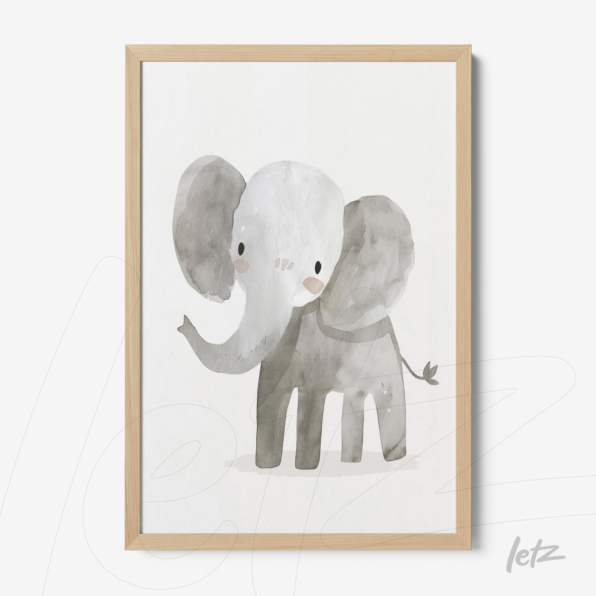 framed watercolor illustration of a gray elephant with light wood frame