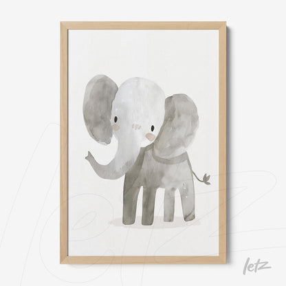 framed watercolor illustration of a gray elephant with light wood frame