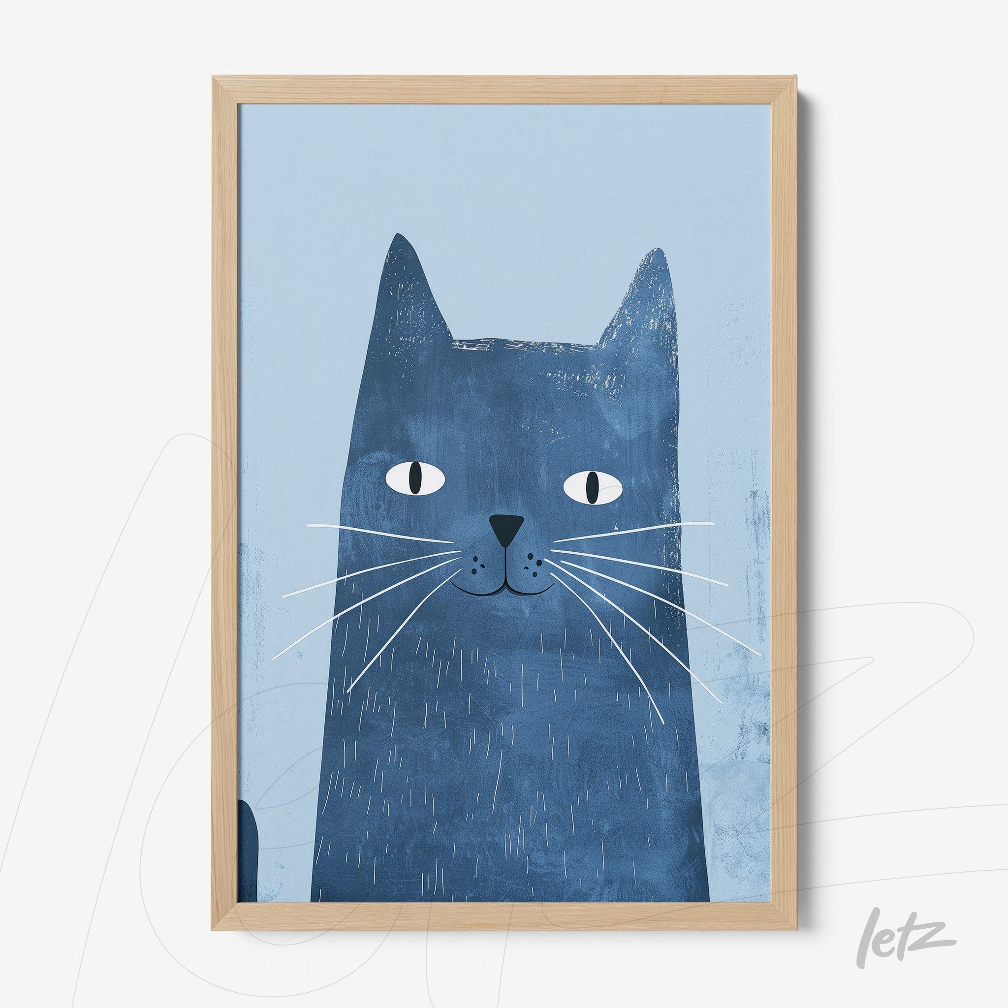 framed wall art featuring a blue cat with a light background and light wood frame