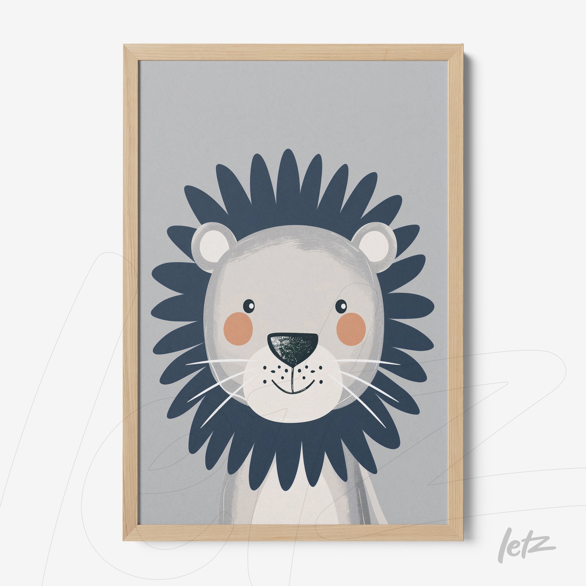 framed art featuring a smiling lion illustration for kids with light wood frame