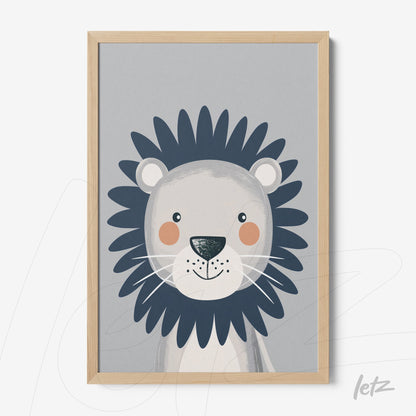 framed art featuring a smiling lion illustration for kids with light wood frame