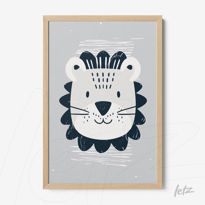 framed wall art featuring a stylized lion illustration on a gray background with a light wood frame