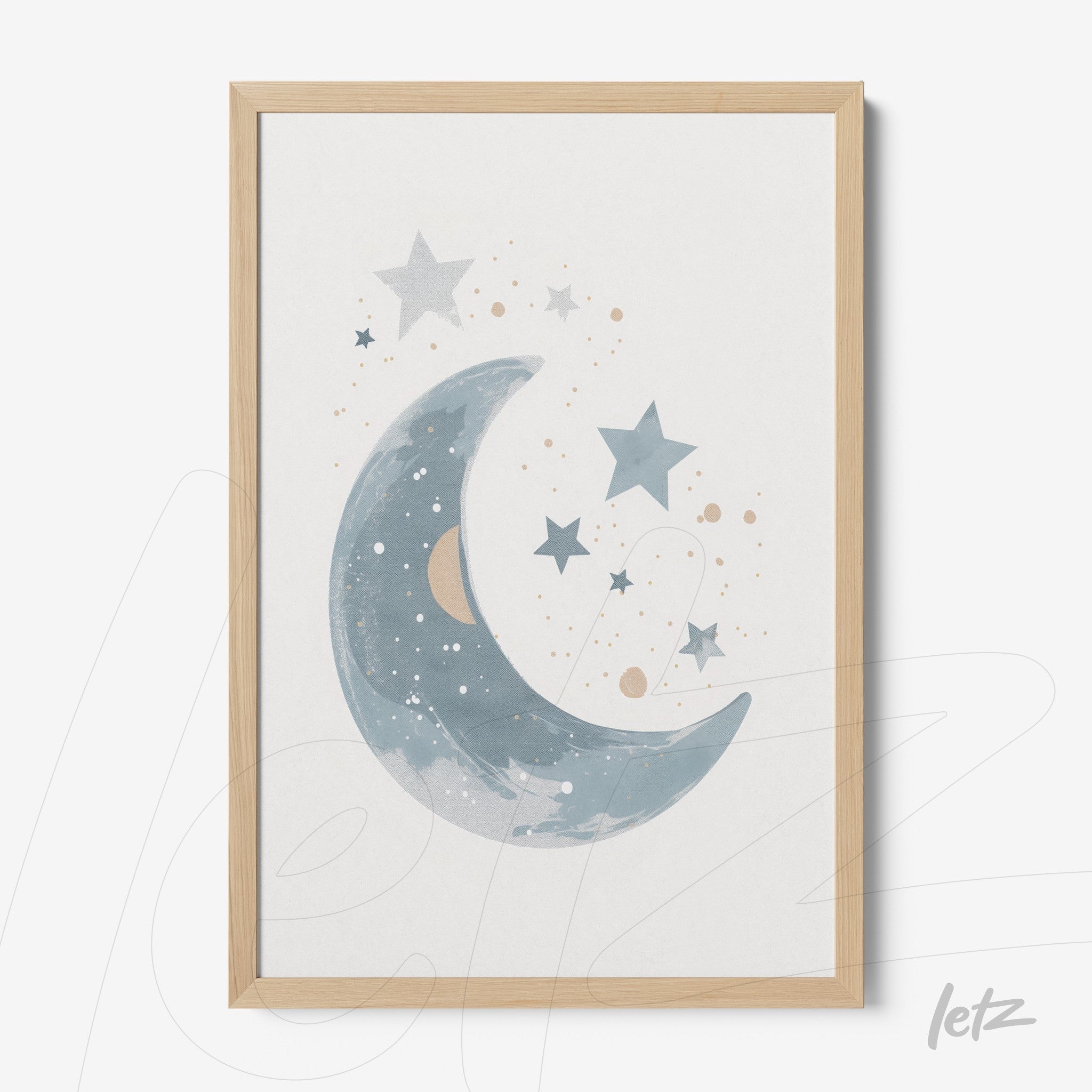 framed artwork featuring a light blue moon illustration with stars in a natural wood frame