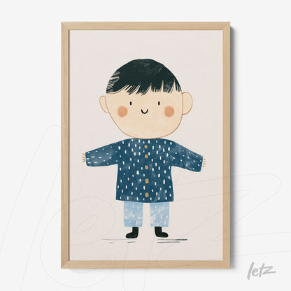 framed wall art featuring a happy child illustration in a blue polka dot coat with light wooden frame