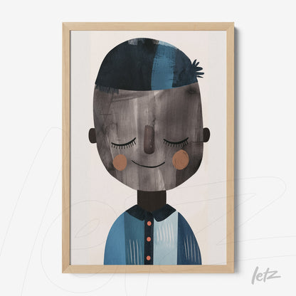 framed wall art featuring a smiling child character illustration with stylized features in shades of blue and gray with light wood frame