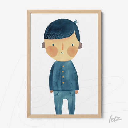 framed wall art featuring a children's character illustration in blue tones with light wooden frame