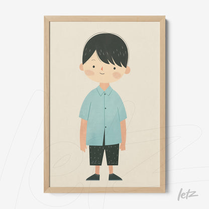 framed artwork of a cheerful boy wearing a blue shirt and black pants with a light wood frame
