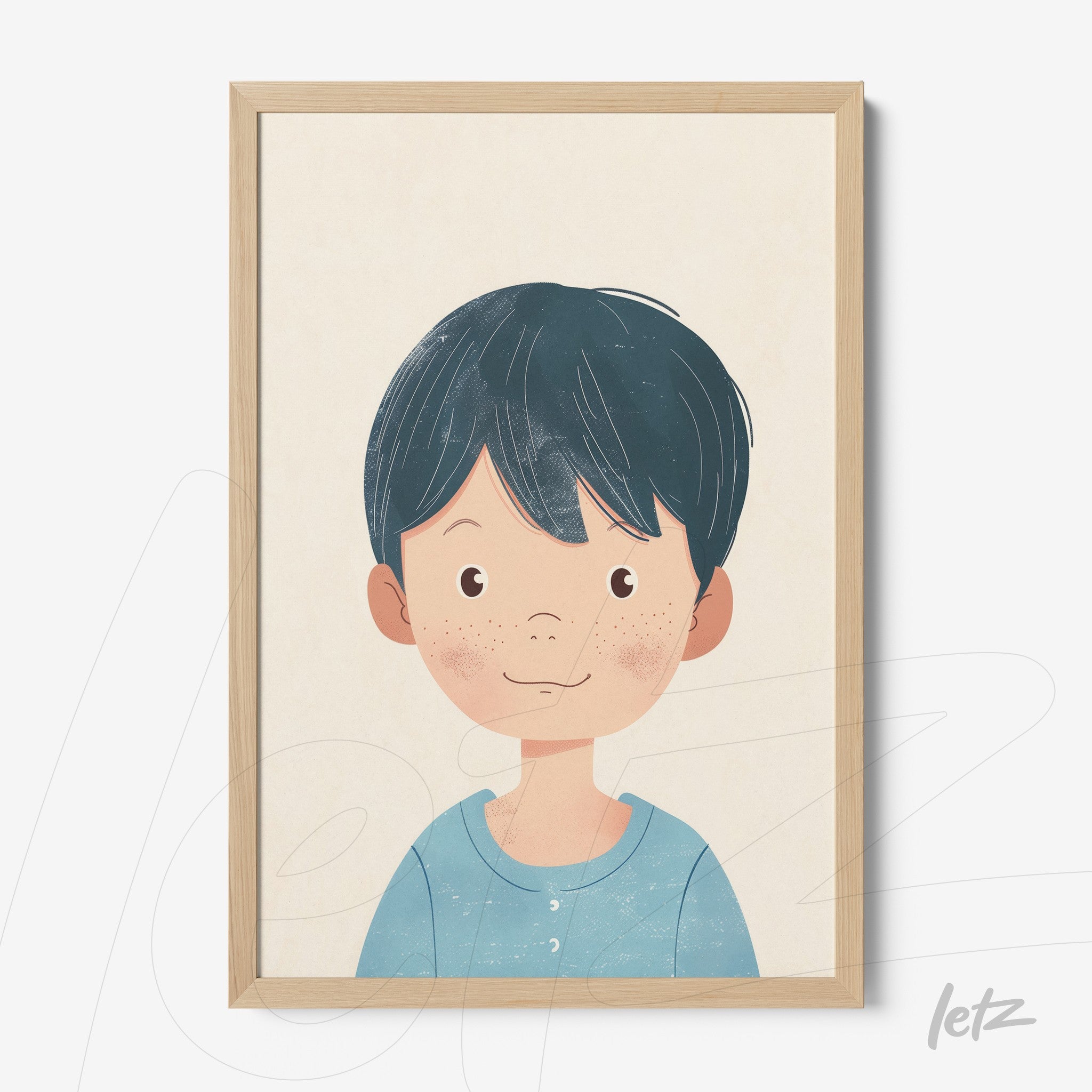 framed wall art featuring a smiling boy with dark hair in light wood frame